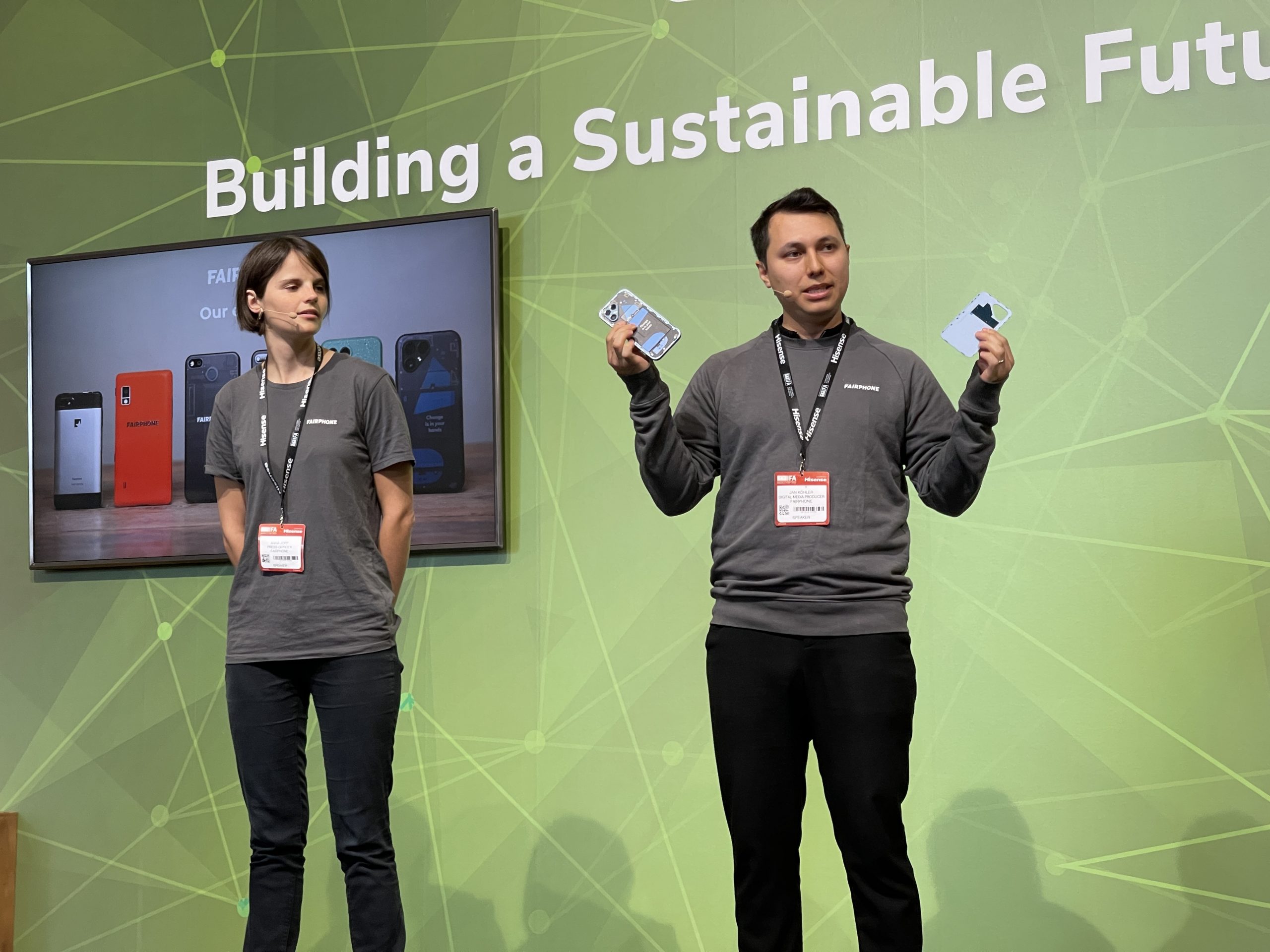 The Fairphone team this week with the new smartphone at IFA in Berlin. Photo: Greentech.LIVE
